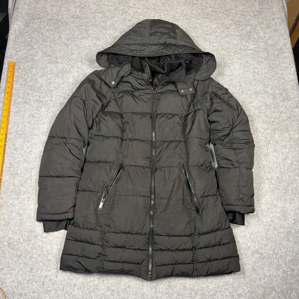 HFX Womens Black Quilted Puffer Jacket Removable Hood Faux Fur Collar Large